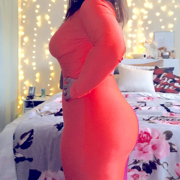 😱💣🤟🏼🥰 ORANGE/PINK BODYCON DRESS - Picture 2 of 4